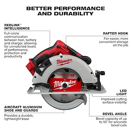 The Milwaukee M18™ Brushless 7-1/4" Circular Saw features REDLINK™ Intelligence, a rafter hook, LED light, aircraft aluminum shoe, and bevel angle up to 50°. Designed for better performance and durability, it offers improved cutting visibility and convenient storage.