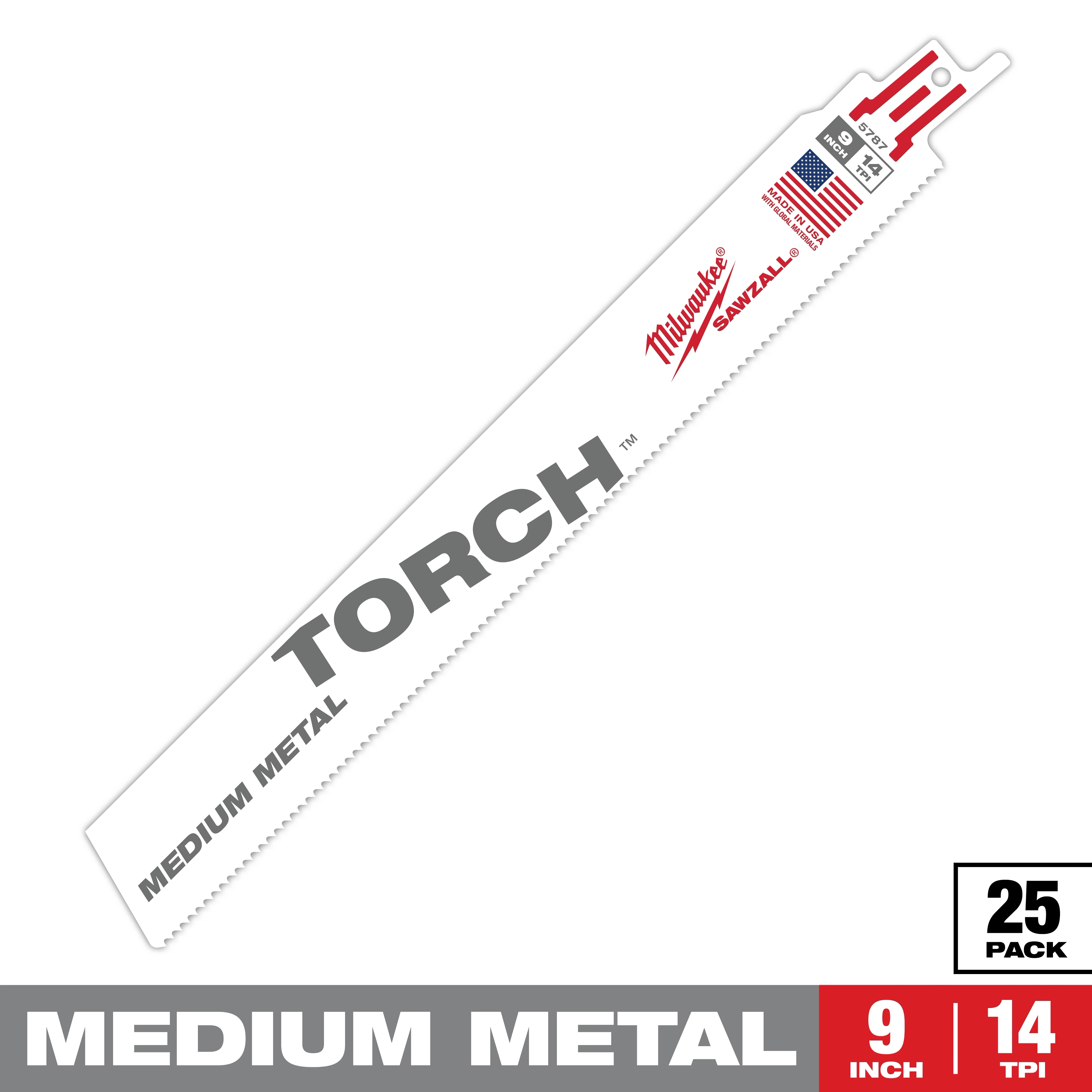 Sawzall Bi-Metal Carbide Torch blade is designed for medium metal cutting. The white blade features red and gray text, measures 9 inches in length and 14 teeth per inch (TPI). It comes in a pack of 25 and showcases an American flag logo.