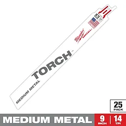 Sawzall Bi-Metal Carbide Torch blade is designed for medium metal cutting. The white blade features red and gray text, measures 9 inches in length and 14 teeth per inch (TPI). It comes in a pack of 25 and showcases an American flag logo.