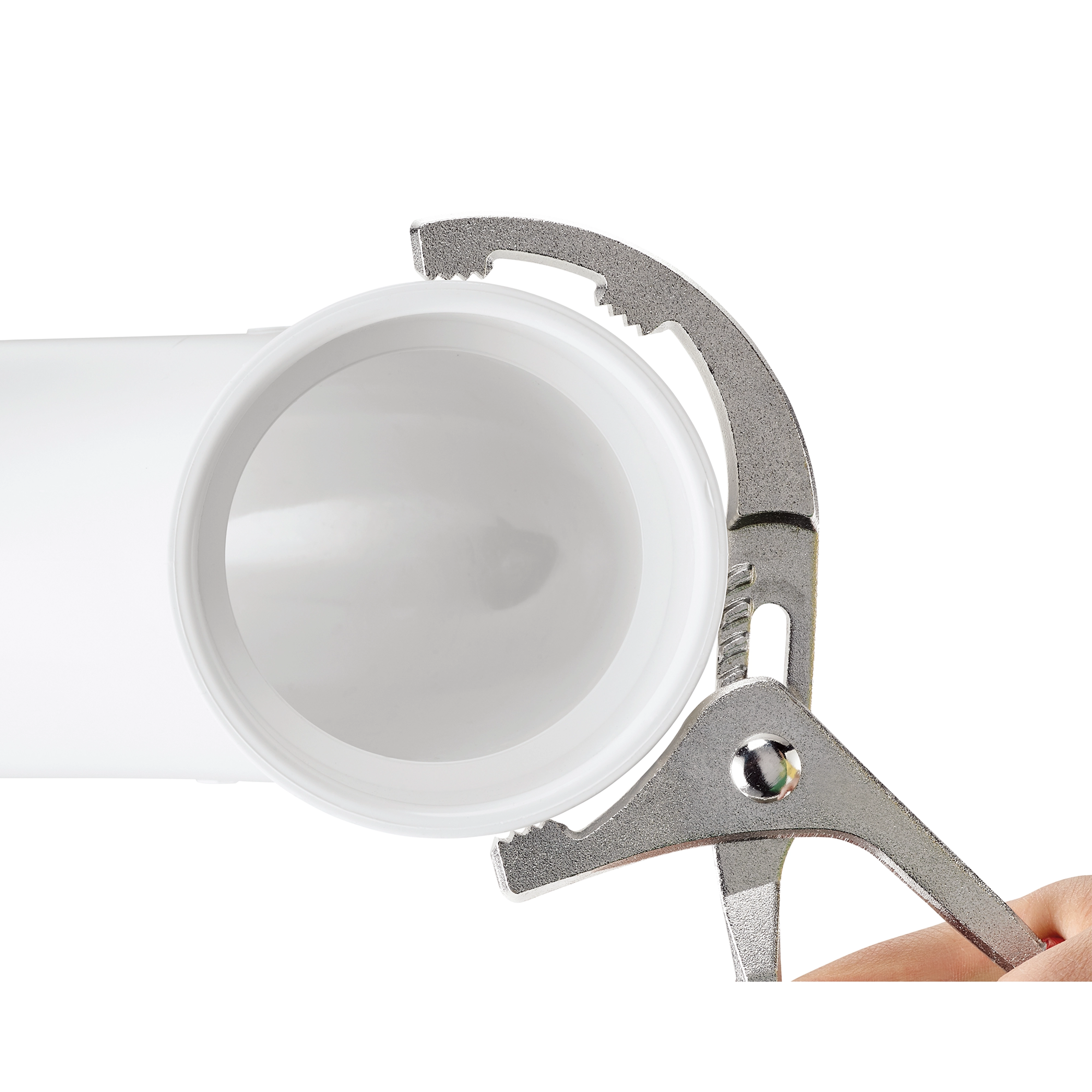 Comfort Grip PVC/Oil Filter Pliers gripping a white PVC pipe. The pliers feature a gray metallic finish and an adjustable, toothed grip designed for securing or turning objects. A hand is slightly visible, demonstrating use.