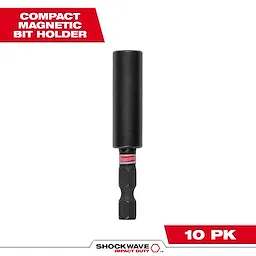 The image displays a SHOCKWAVE™ Impact Duty Magnetic Bit Holder. It is labeled as a compact magnetic bit holder and appears in a pack of 10. The product features a black cylindrical holder with a hexagonal-shaped shank and a red SHOCKWAVE label near the base.