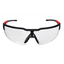 Safety Glasses with Clear Anti-Scratch Lenses have a sleek design with black frames, red accents, and clear, wraparound lenses.