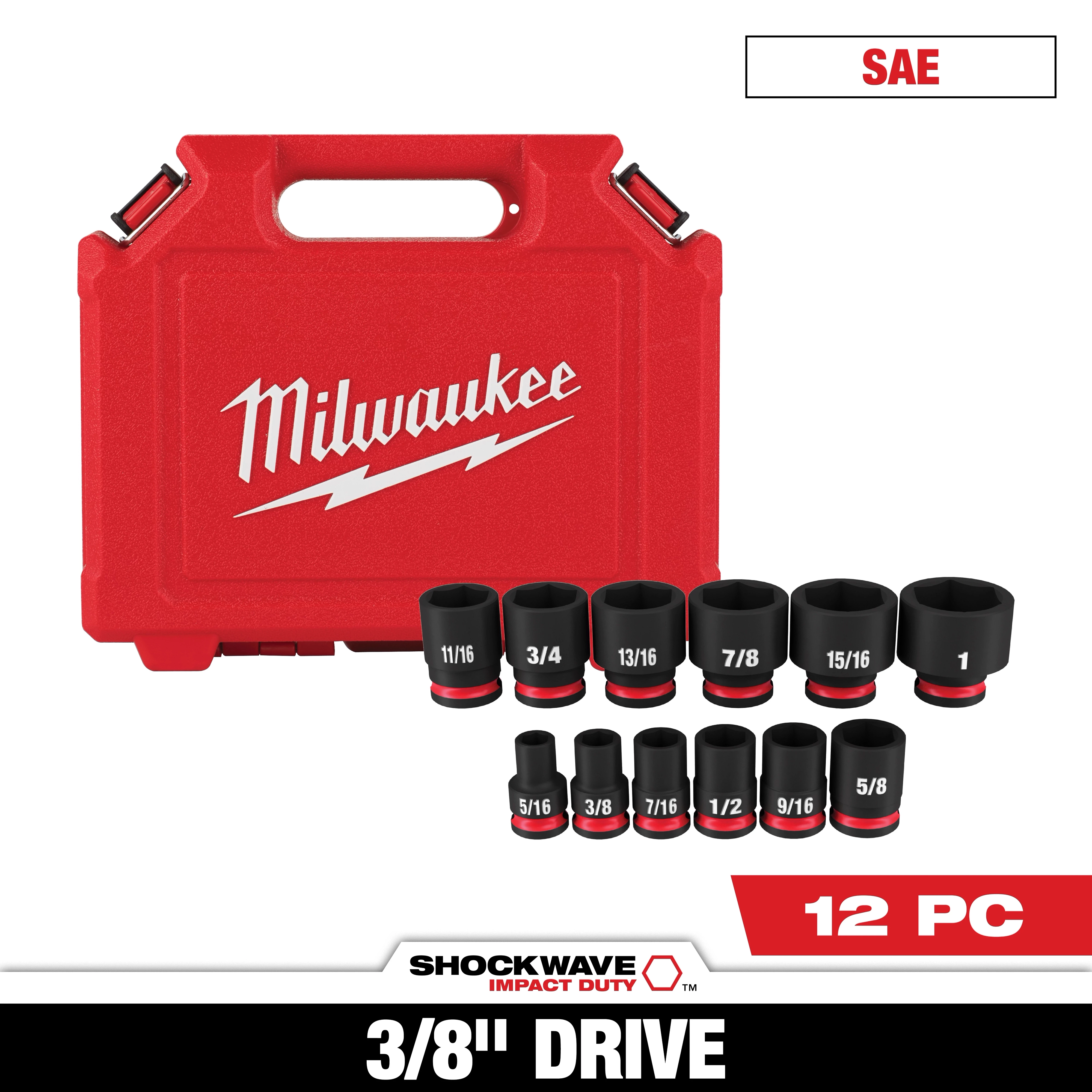 Milwaukee SHOCKWAVE 3/8 in. Drive SAE 6 Point Impact Socket Set includes 12 pieces. Sockets are shown in various sizes along with a red carrying case labeled "Milwaukee" in white text. The set is designed for impact duty, with sizes ranging from 1/4 to 1 inch.