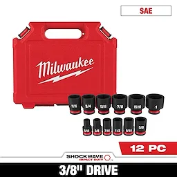 Milwaukee SHOCKWAVE 3/8 in. Drive SAE 6 Point Impact Socket Set includes 12 pieces. Sockets are shown in various sizes along with a red carrying case labeled "Milwaukee" in white text. The set is designed for impact duty, with sizes ranging from 1/4 to 1 inch.