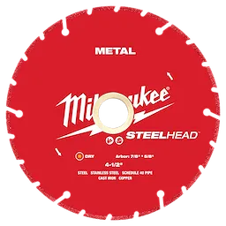 The 4-1/2” STEELHEAD™ Metal Cutting Diamond Blade by Milwaukee is a red-colored circular blade designed for cutting steel, stainless steel, schedule 40 pipe, cast iron, and copper. The blade is 4-1/2 inches in diameter with a 7/8 to 5/8 inch arbor.