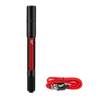 The MILWAUKEE® RECHARGEABLE 250L PENLIGHT W/ LASER features a black cylindrical body with a red accent. A power button is located near the top. Included is a red USB charging cable with a Milwaukee logo on the plug.