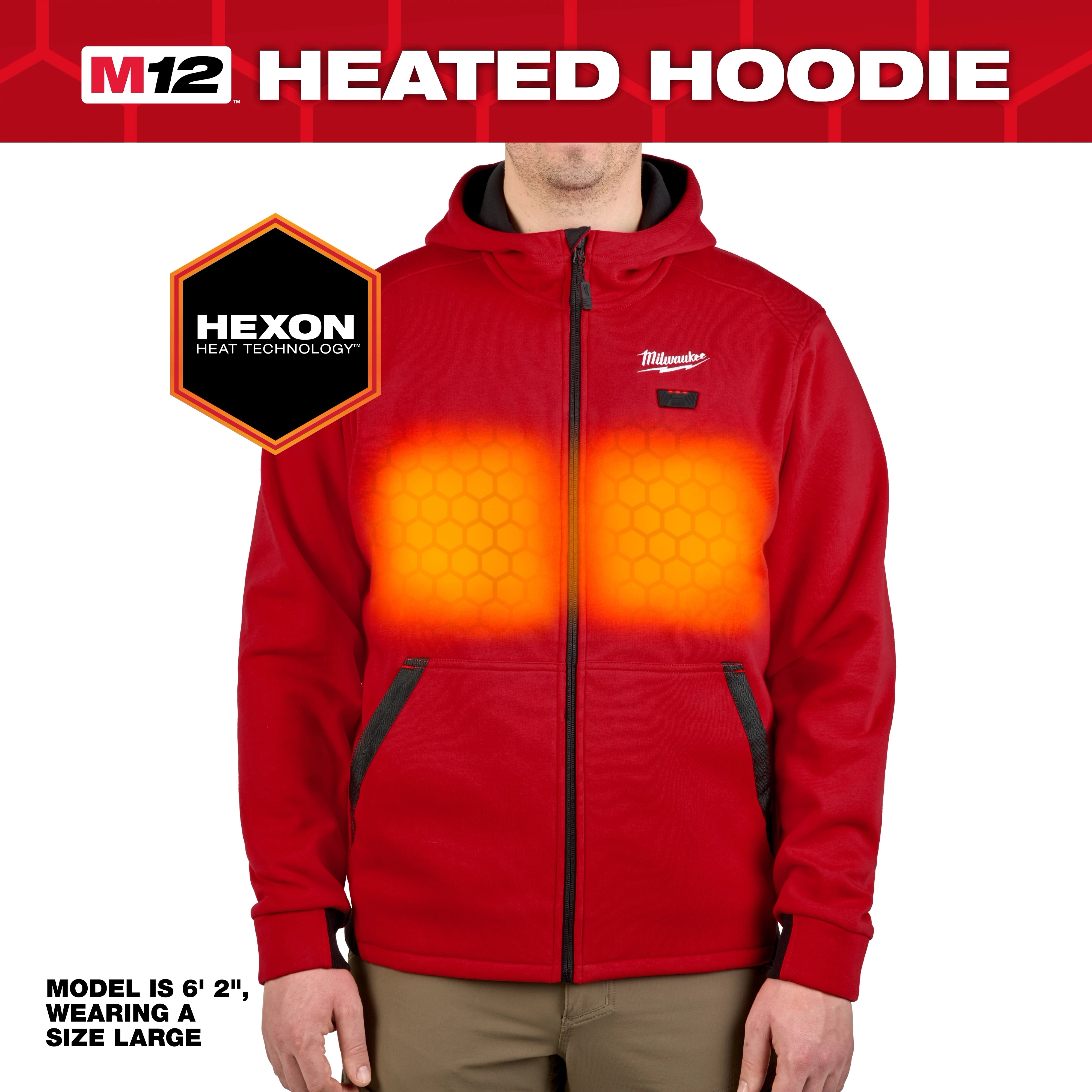 Red M12™ Heated Hoodie with Hexon heat technology. A front view of a person wearing the hoodie, highlighting heated areas in the chest. The model is 6'2" and wearing a size large.