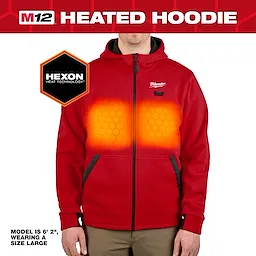 Red M12™ Heated Hoodie with Hexon heat technology. A front view of a person wearing the hoodie, highlighting heated areas in the chest. The model is 6'2" and wearing a size large.
