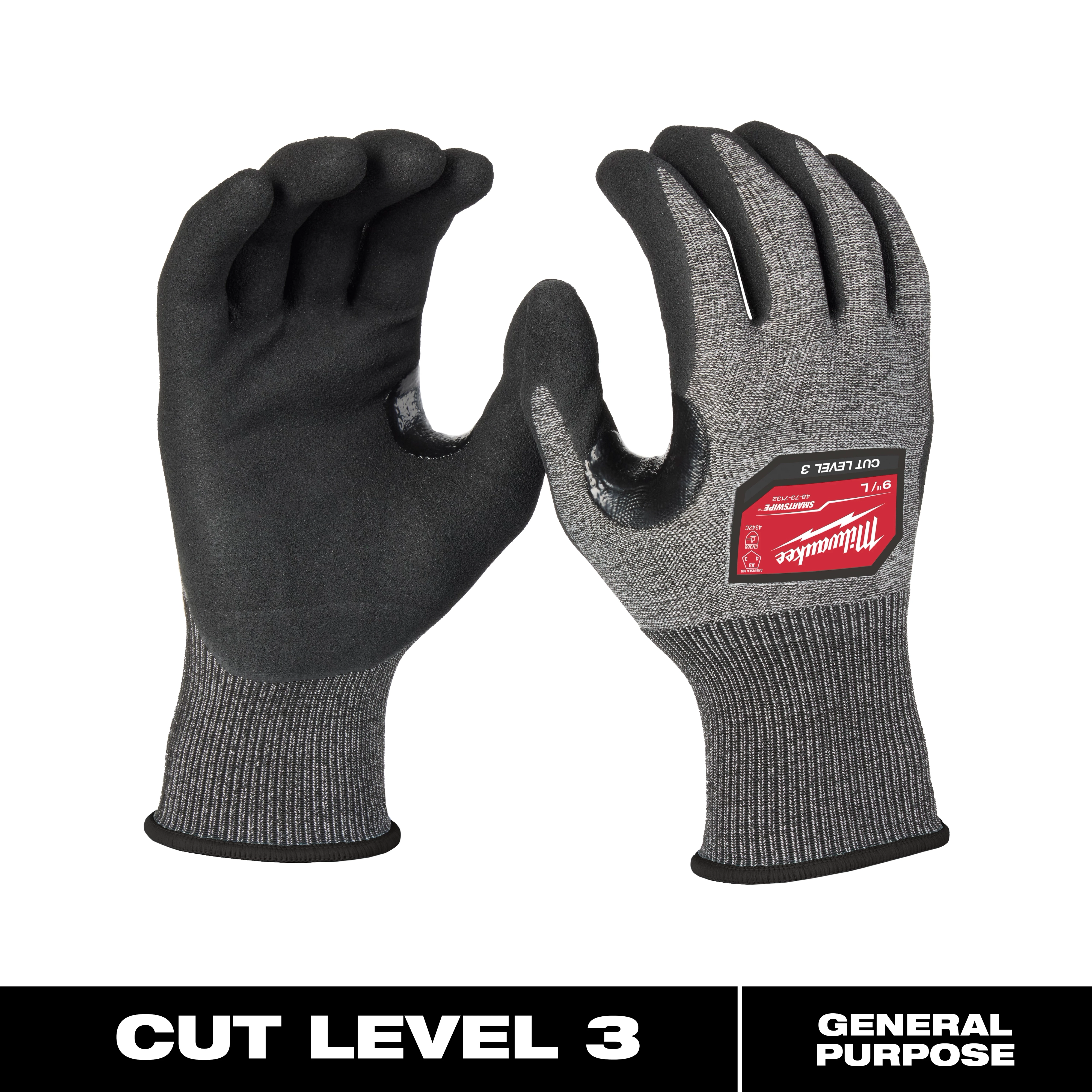 Cut Level 3 High-Dexterity Nitrile Dipped Gloves with gray fabric and black coating on the palms and fingers. ANSI Cut Level A3.