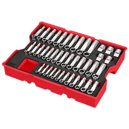 A 77PC 1/4", 3/8", & 1/2" Drive Metric Socket Set with Tray for PACKOUT™ Drawers. The set includes various socket sizes neatly arranged in a red tray with black foam inserts.