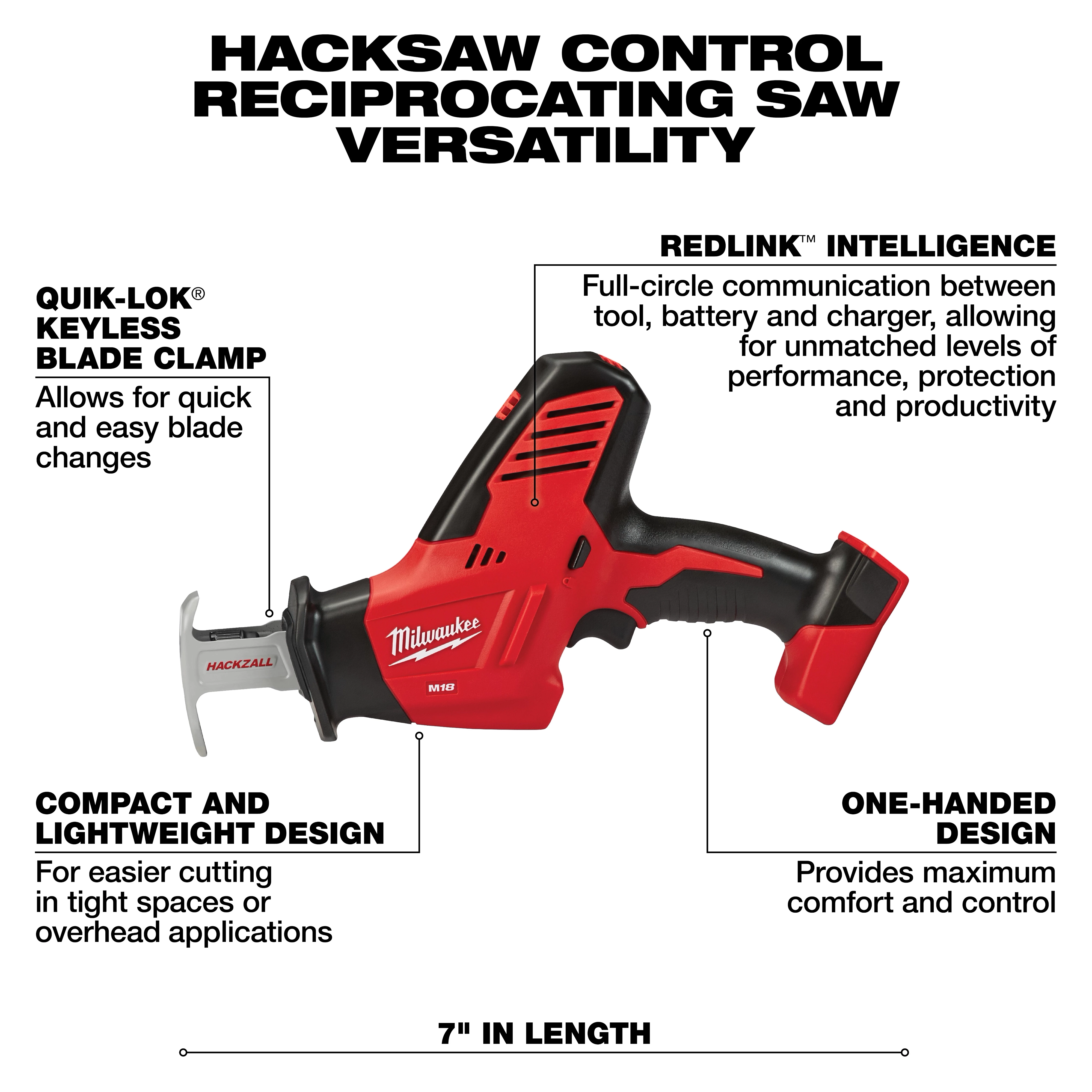 The M18 4-Tool Combo Kit includes a compact, lightweight reciprocating saw with REDLINK intelligence, a QUIK-LOK keyless blade clamp, and a one-handed design for comfort and control. The saw is seven inches in length, designed for easier cutting in tight spaces or overhead applications.