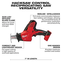 The M18 4-Tool Combo Kit includes a compact, lightweight reciprocating saw with REDLINK intelligence, a QUIK-LOK keyless blade clamp, and a one-handed design for comfort and control. The saw is seven inches in length, designed for easier cutting in tight spaces or overhead applications.