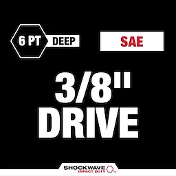 Shockwave Impact Duty 6-point deep SAE 3/8" drive socket tool with a black background and red, white, and black lettering.