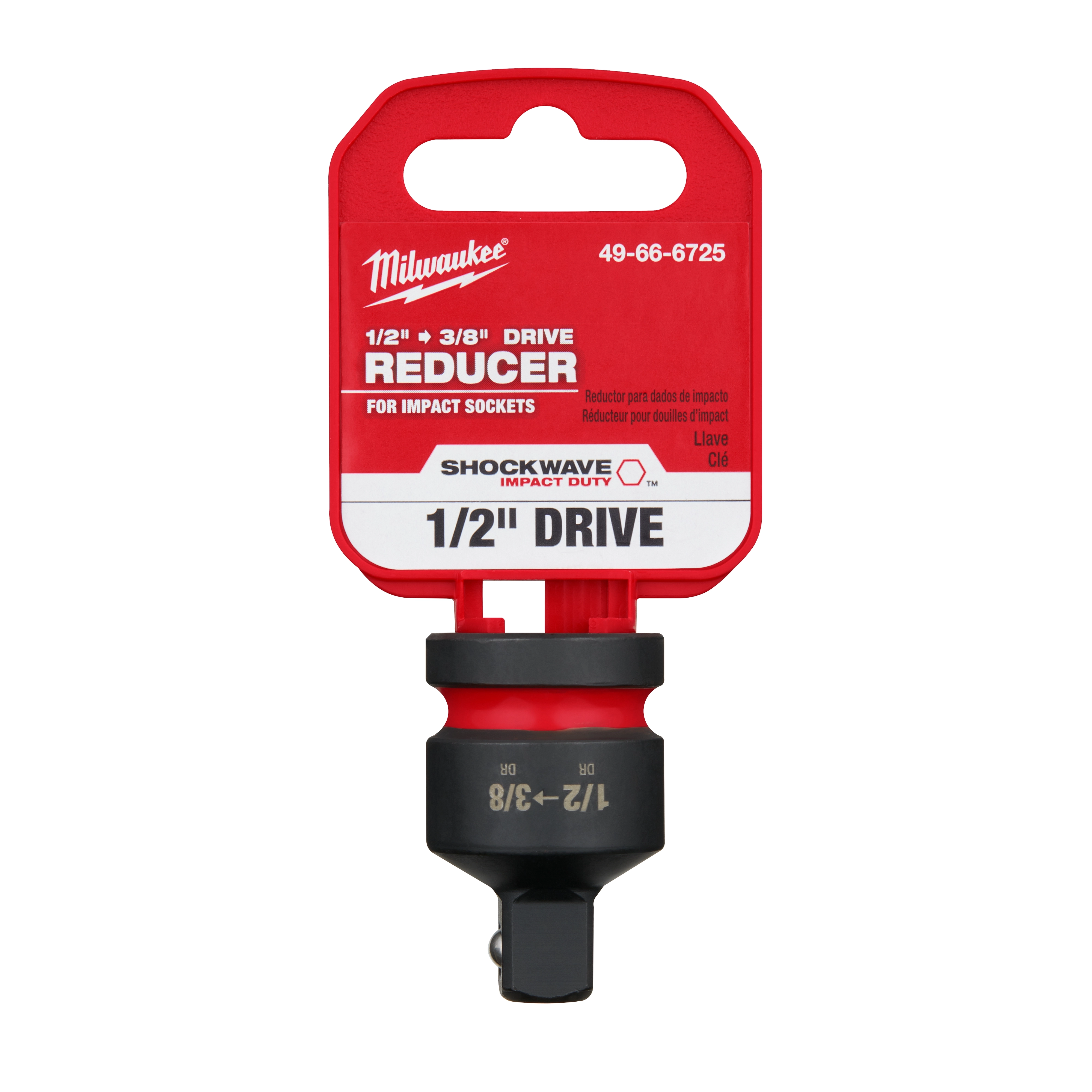 Milwaukee SHOCKWAVE Impact Duty 1/2" Drive to 3/8" Drive Reducer in red and black packaging with product details shown clearly.