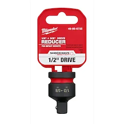 Milwaukee SHOCKWAVE Impact Duty 1/2" Drive to 3/8" Drive Reducer in red and black packaging with product details shown clearly.