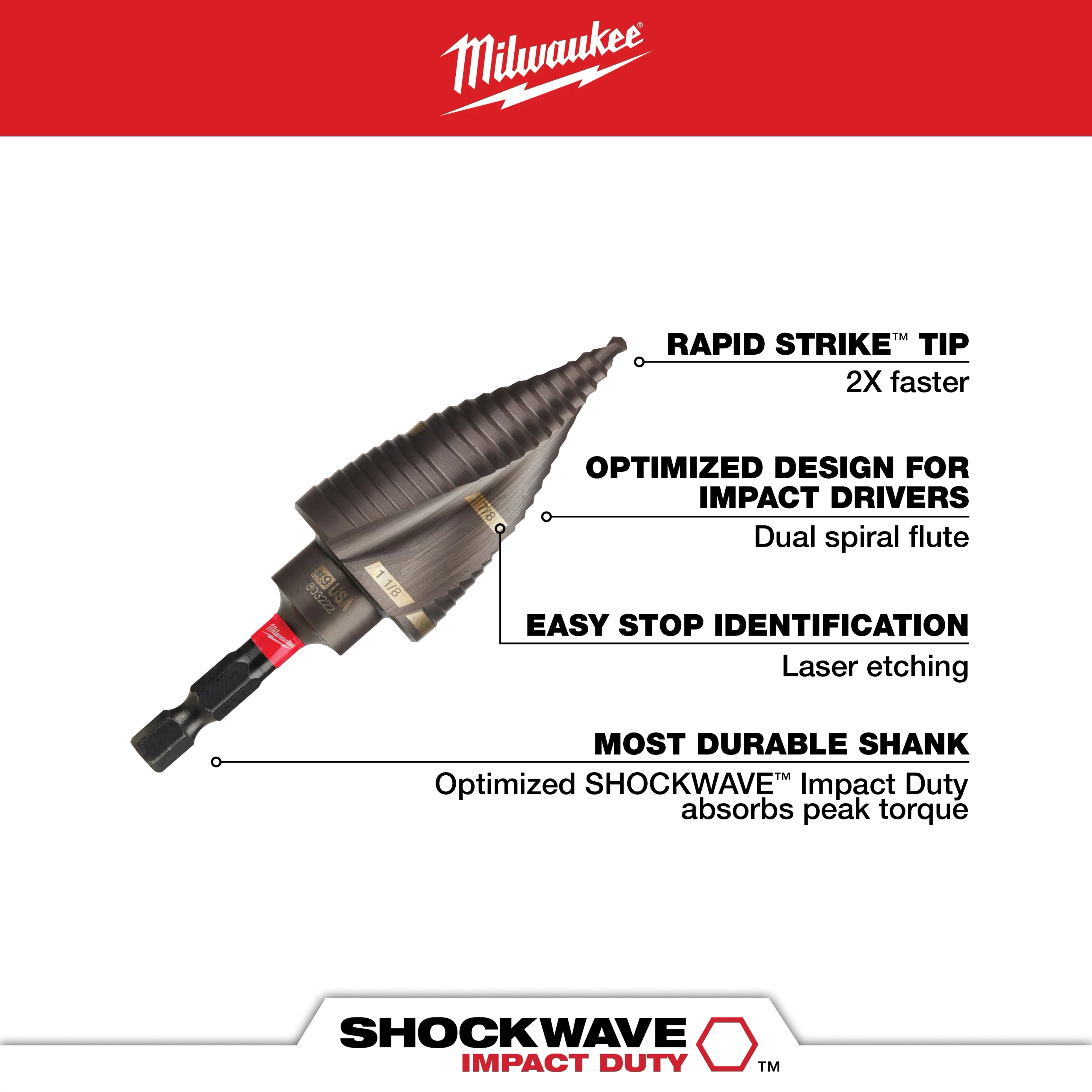 The SHOCKWAVE 7/8 in. x 1-1/8 in. #9 Impact-Duty Titanium Step Bit features a Rapid Strike tip for faster drilling, optimized design for impact drivers, easy stop identification with laser etching, and a durable shank that absorbs peak torque.