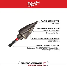 The SHOCKWAVE 7/8 in. x 1-1/8 in. #9 Impact-Duty Titanium Step Bit features a Rapid Strike tip for faster drilling, optimized design for impact drivers, easy stop identification with laser etching, and a durable shank that absorbs peak torque.