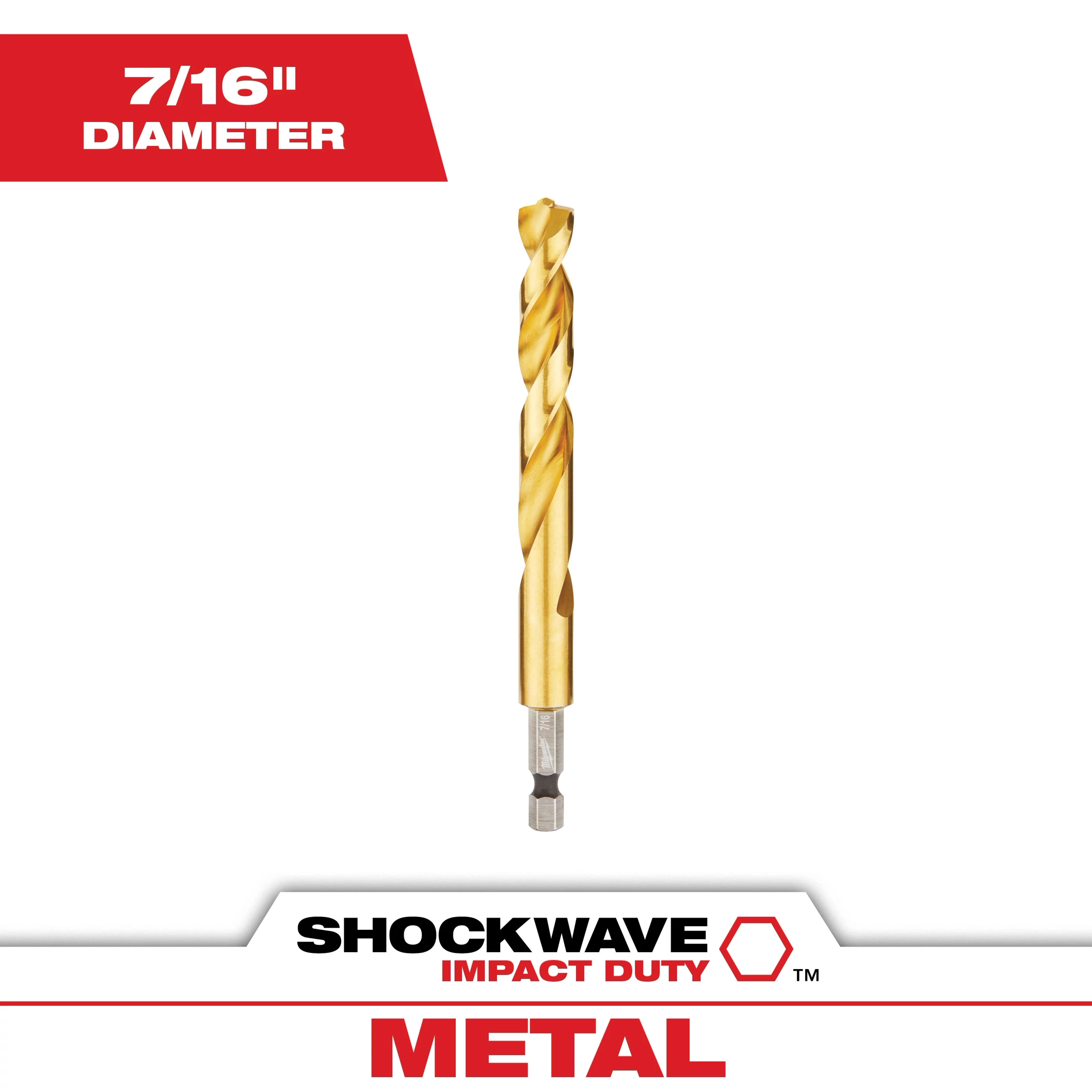 The SHOCKWAVE 7/16 in. Titanium Twist Drill Bit is shown. It features a titanium coating for durability and a twist design for effective drilling in metal.