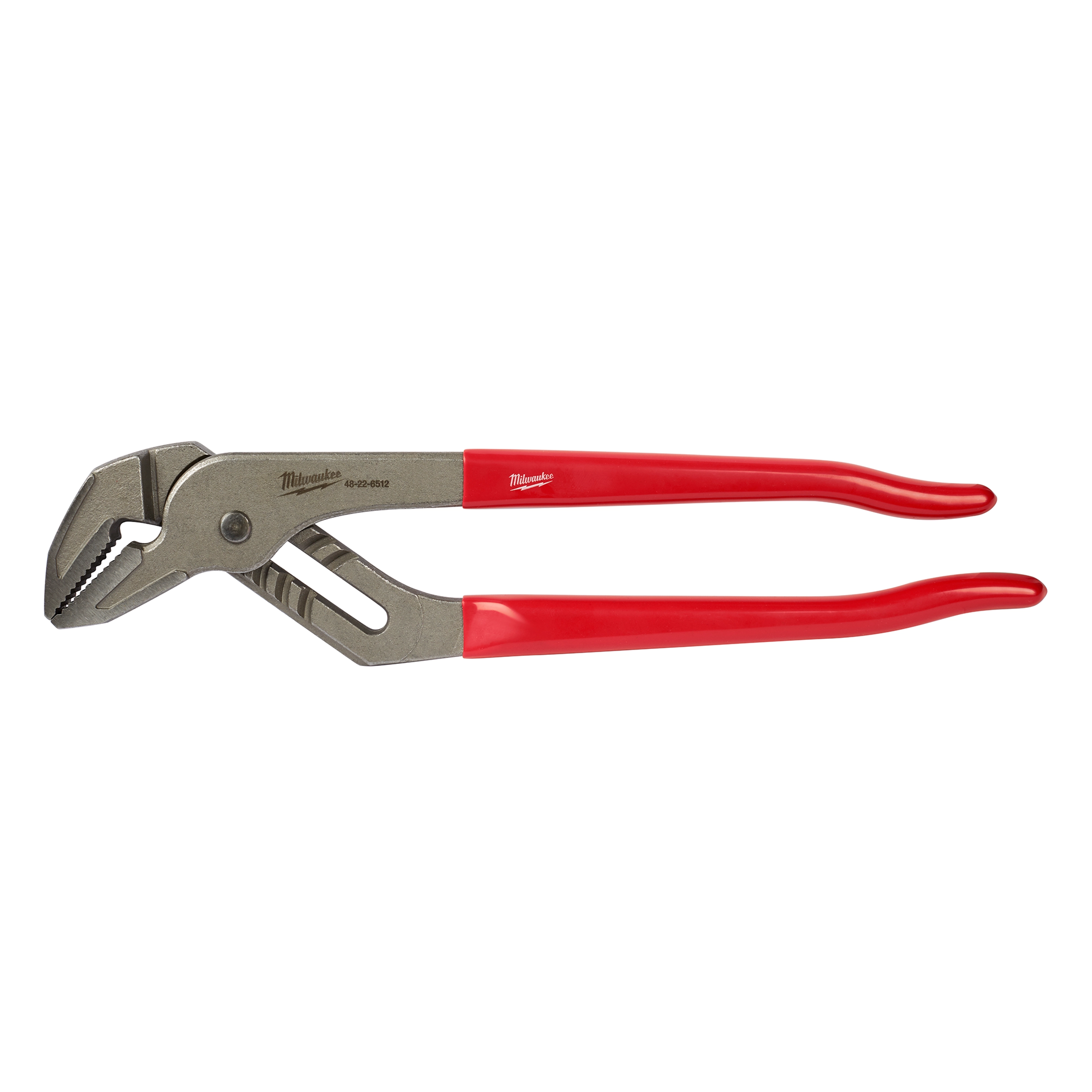12" Tongue and Groove Pliers featuring a metal construction with an adjustable jaw and red handle grips. The tool has a unique groove mechanism for better grip and handling, suitable for various plumbing and repair tasks.