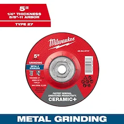 5" x 1/4" x 5/8"-11 Ceramic+ Metal Grinding Wheel Type 27 with red, black, and white label, optimizing for metal and stainless grinding.