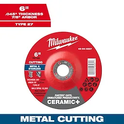 6" x .045" x 7/8" Ceramic+ Metal Cut Off Wheel - Type 27 for metal and stainless steel cutting, with a 10,200 max RPM.