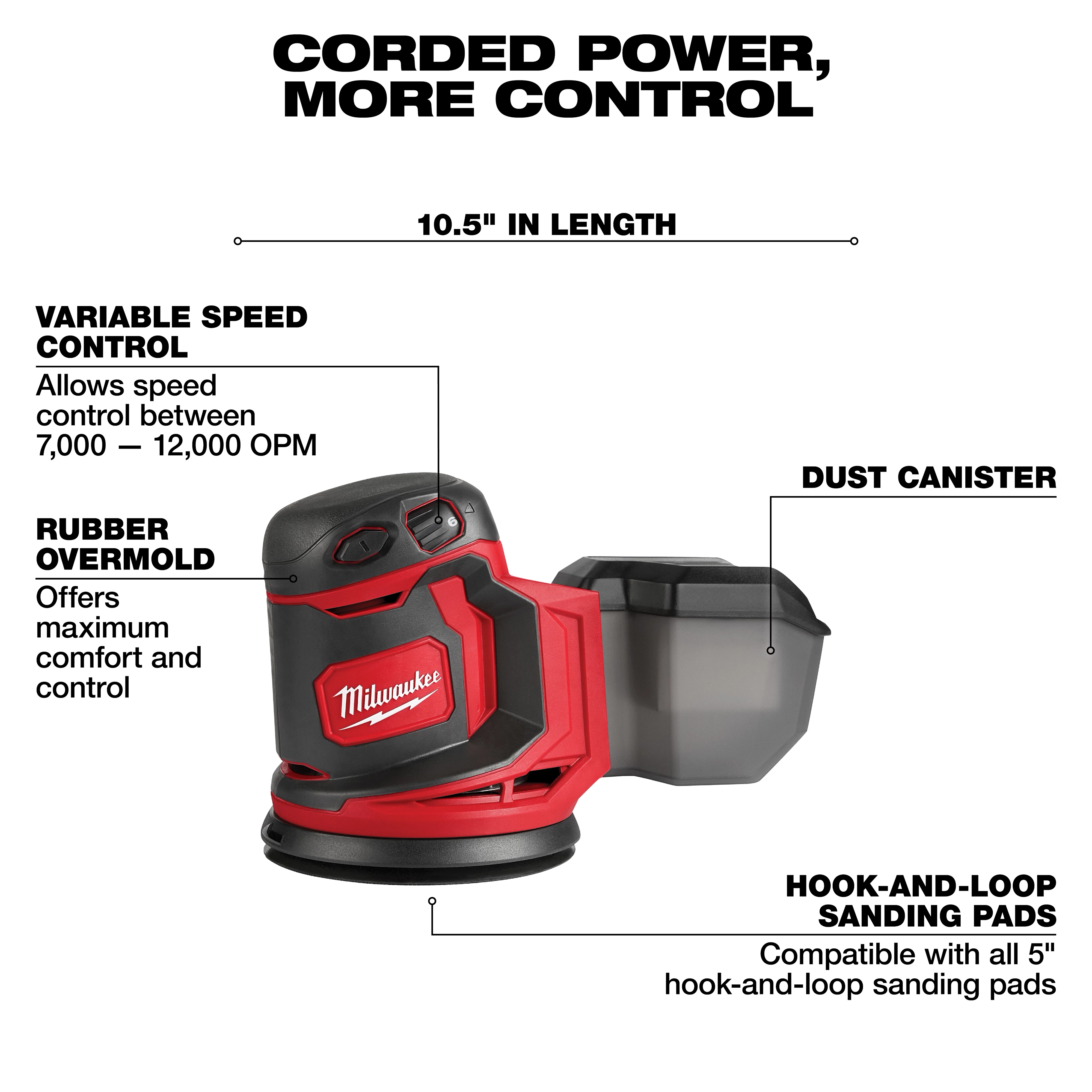 M18 5 Tool Combo Kit includes a red and black sander with a dust canister, variable speed control (7,000 - 12,000 OPM), rubber overmold for comfort, and uses 5” hook-and-loop sanding pads. The sander is 10.5 inches in length.