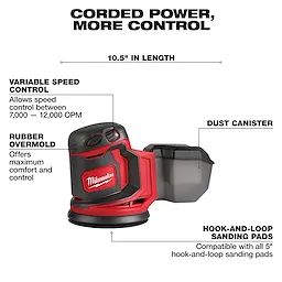 M18 5 Tool Combo Kit includes a red and black sander with a dust canister, variable speed control (7,000 - 12,000 OPM), rubber overmold for comfort, and uses 5” hook-and-loop sanding pads. The sander is 10.5 inches in length.