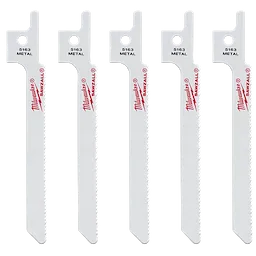 Five 3-5/8" 18 TPI SAWZALL® blades for metal scroll, made by Milwaukee, arranged vertically. Each blade is silver with the Milwaukee logo and "5163 Metal" printed in red and black. The blades have a toothed edge and a hole at the top for attachment. Pack includes 5 pieces.