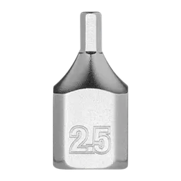 The 1/4" Drive 2.5mm Low-Profile Hex Bit Socket is a small, metallic tool with a hexagonal tip and the number "2.5" engraved on its side, designed for use with compatible drive mechanisms.
