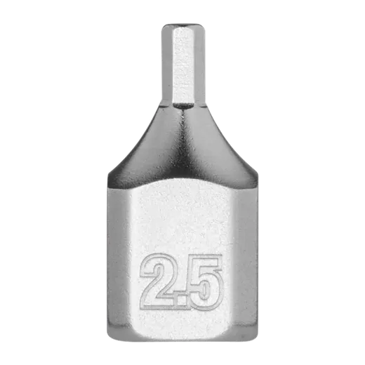 The 1/4" Drive 2.5mm Low-Profile Hex Bit Socket is a small, metallic tool with a hexagonal tip and the number "2.5" engraved on its side, designed for use with compatible drive mechanisms.