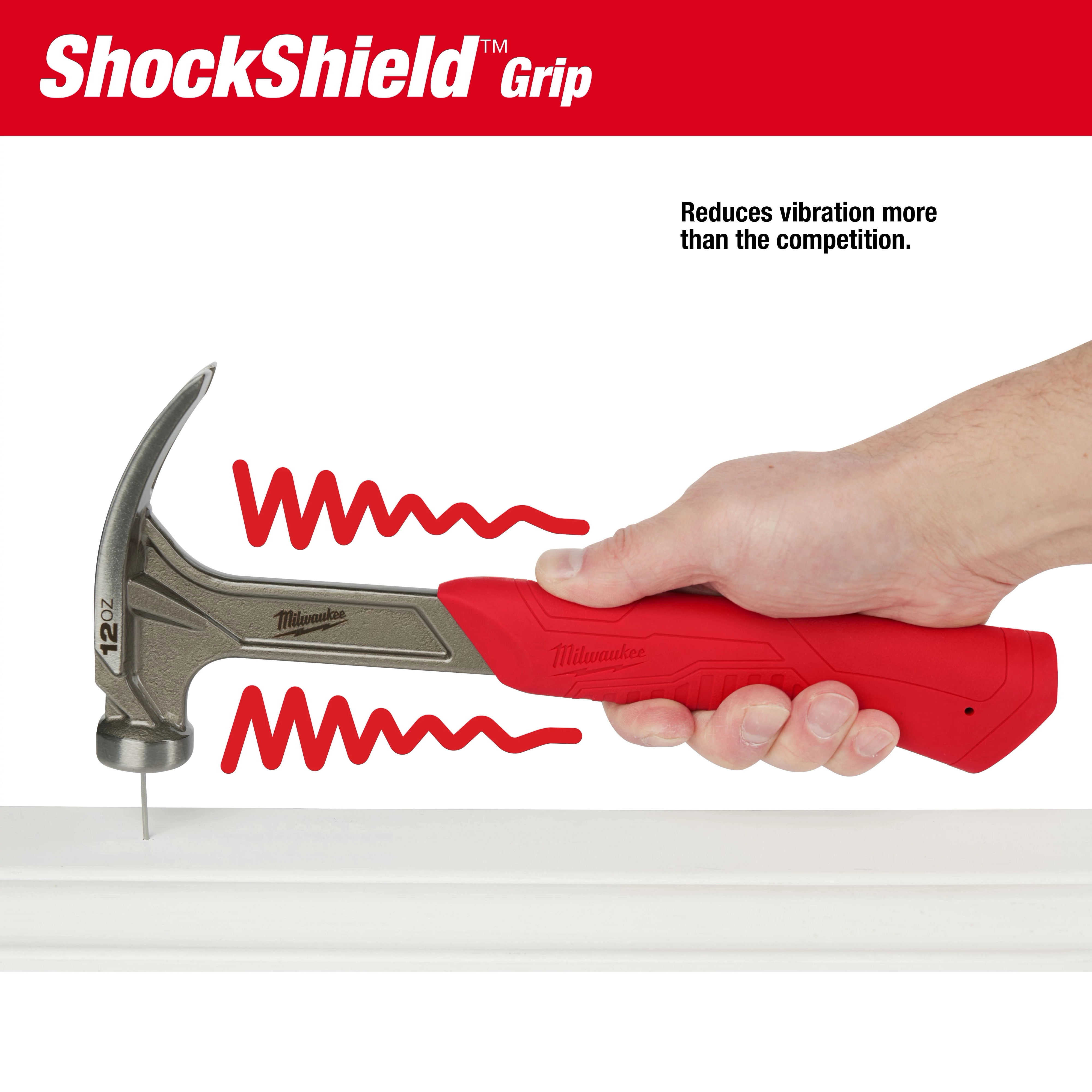 Milwaukee 12oz Smooth Face Hybrid Claw Finish Hammer with ShockShield Grip being used to hammer a nail, highlighting reduced vibration.