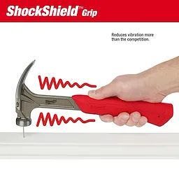 Milwaukee 12oz Smooth Face Hybrid Claw Finish Hammer with ShockShield Grip being used to hammer a nail, highlighting reduced vibration.