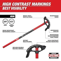 3/4" Iron Conduit Bender Walkaround features high contrast markings, heavy-duty ductile iron construction, and a reinforced hook and foot pedal.