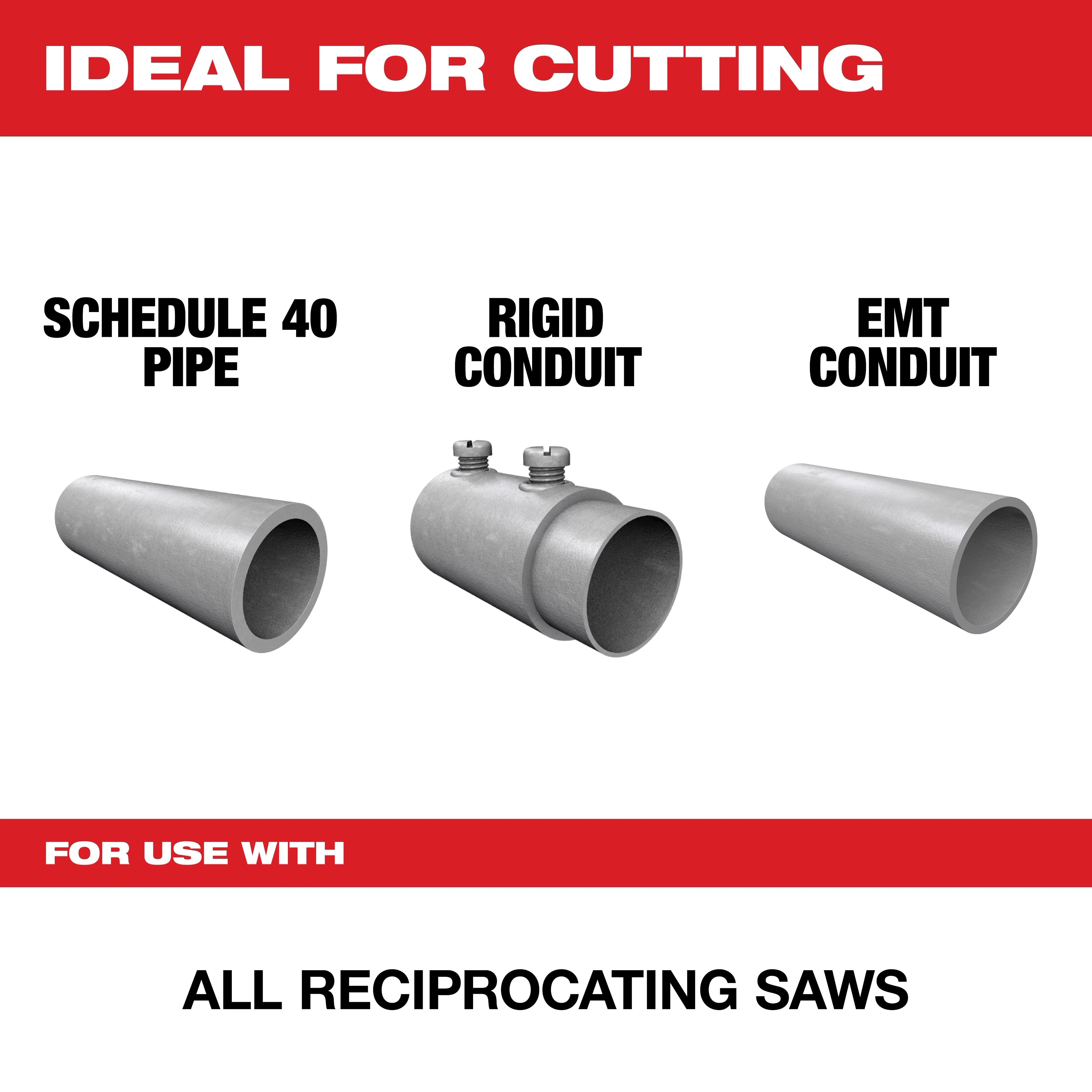 Product image advertises that For%20Use%20With is ideal for cutting Schedule 40 pipe, rigid conduit, and EMT conduit. The product is compatible with all reciprocating saws.