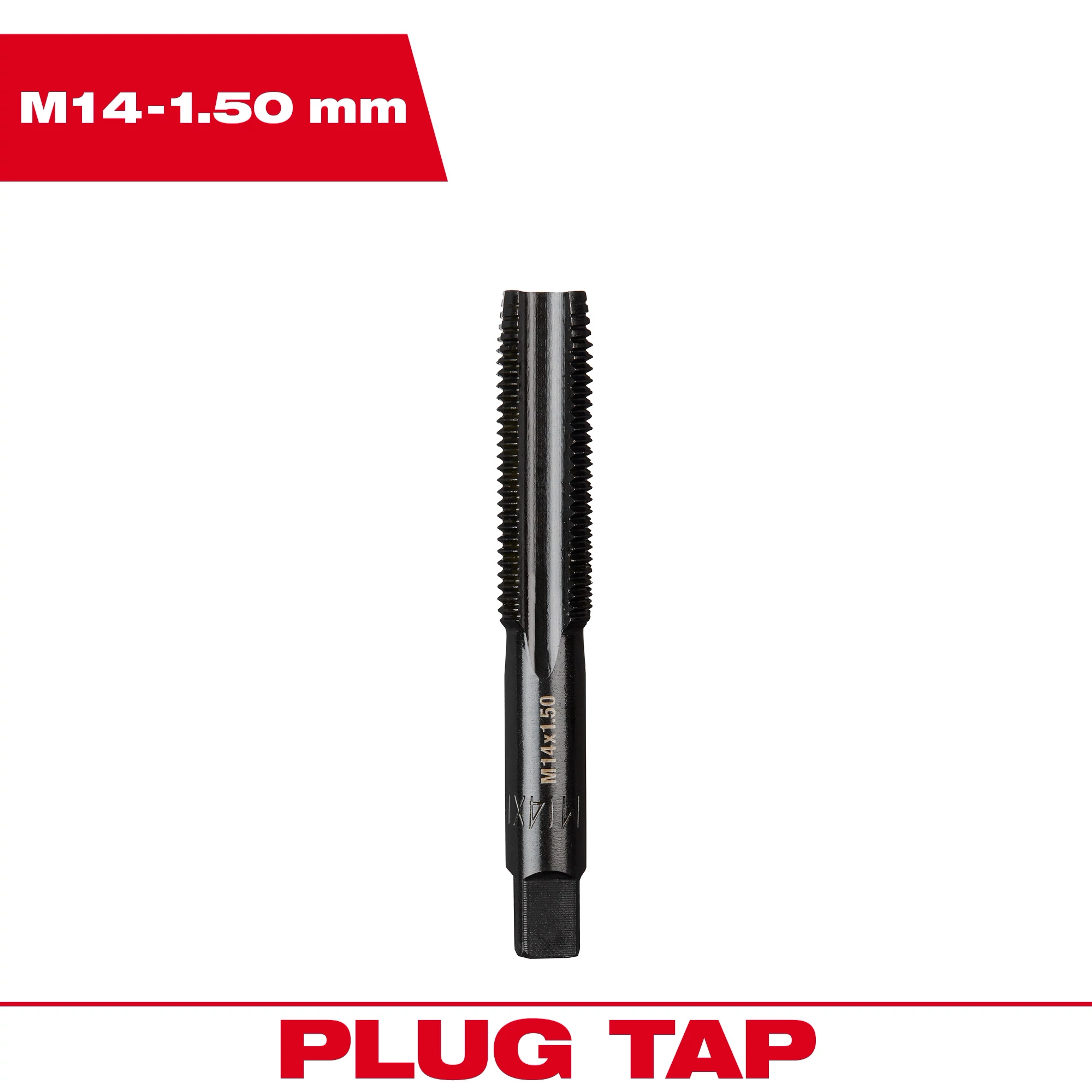 M14-1.50 20mm Straight Flute Plug Tap, a black metal threading tool for creating internal threads, is displayed vertically.