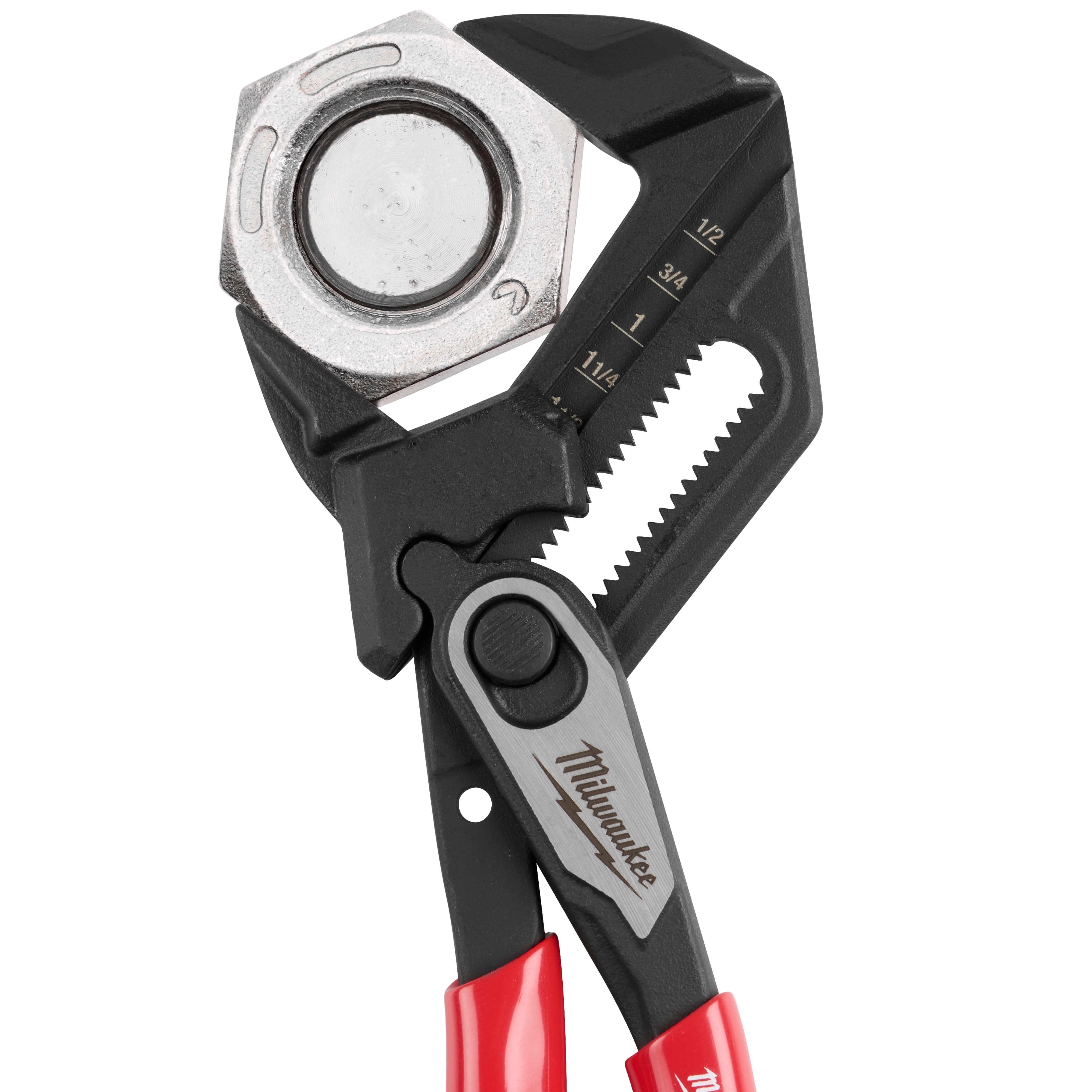 The image shows the Milwaukee 7" Pliers Wrench gripping a large hex nut. The tool features an adjustable jaw with black and red handles and a silver Milwaukee logo plate. The serrated jaws provide a strong grip on the nut.