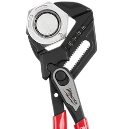 The image shows the Milwaukee 7" Pliers Wrench gripping a large hex nut. The tool features an adjustable jaw with black and red handles and a silver Milwaukee logo plate. The serrated jaws provide a strong grip on the nut.