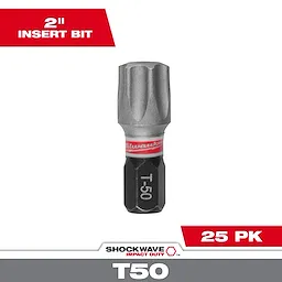 The image shows a single SHOCKWAVE™ 2" Impact TORX® T50 Insert Bit. It is silver and black with the marking "T-50" and a red band near the top. The packaging indicates it is a 2-inch insert bit, and the pack contains 25 bits.