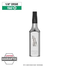 1/4" Drive T25 Tamper Proof TORX Bit Socket, silver with a black tip, embossed "Milwaukee" logo and "T25," Lifetime Guarantee label.