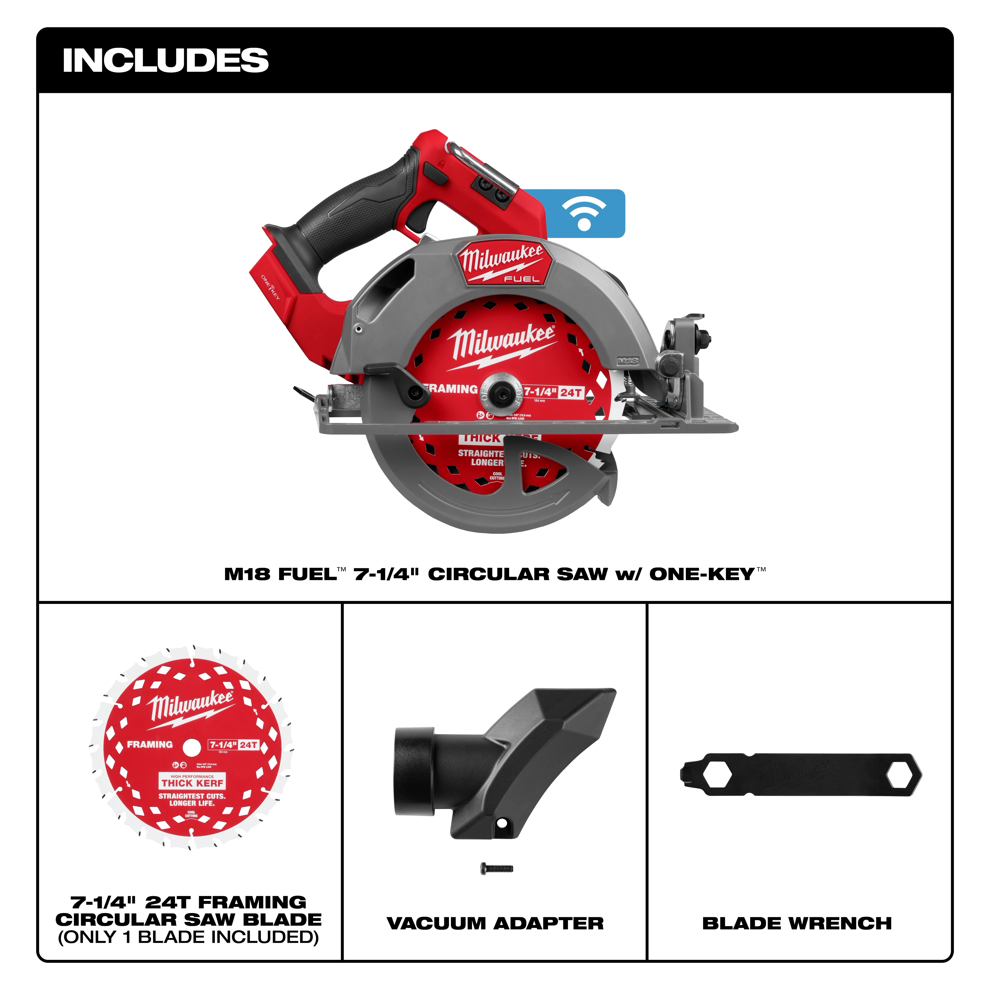 Milwaukee M18 FUEL 7-1/4" Circular Saw with ONE-KEY features a red and black body. The package also includes a 7-1/4" 24-tooth thick kerf framing blade, vacuum adapter, and blade wrench.
