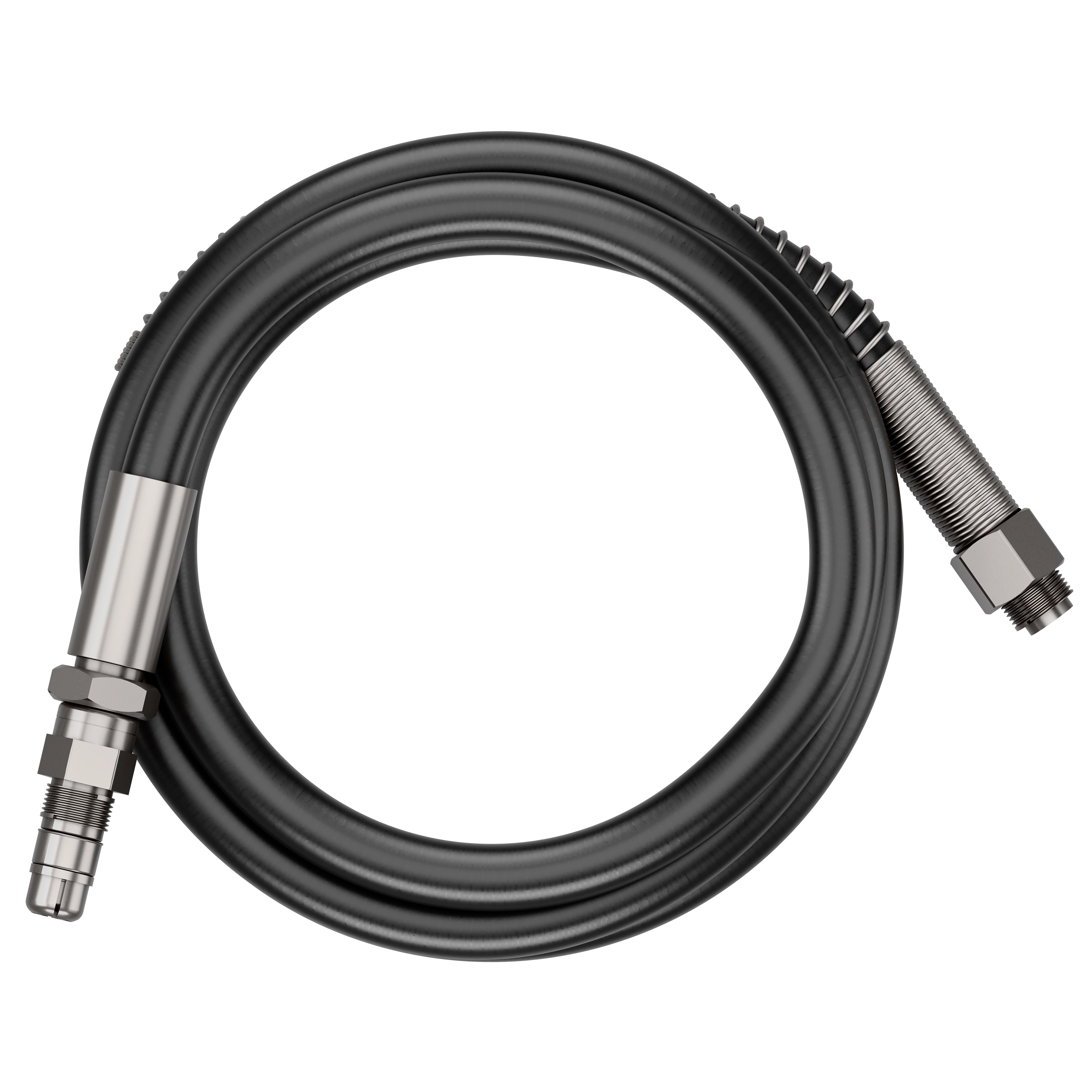 Replacement Hose with Swivel and Coupler coiled with metal fittings on both ends against a plain background.
