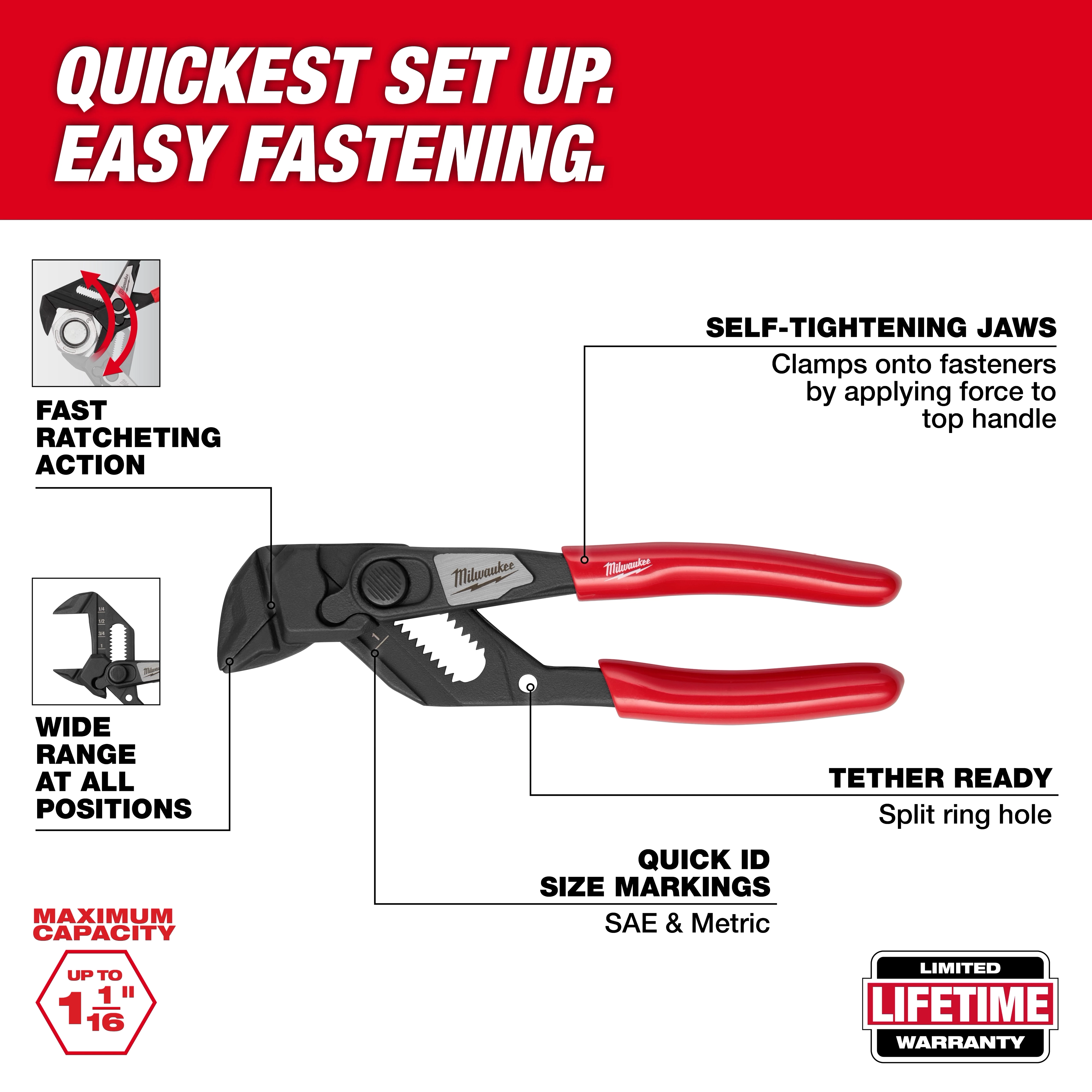 The 5" Pliers Wrench features self-tightening jaws, fast ratcheting action, wide range at all positions, and quick ID size markings.