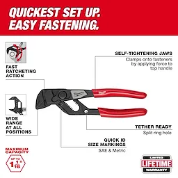 The 5" Pliers Wrench features self-tightening jaws, fast ratcheting action, wide range at all positions, and quick ID size markings.