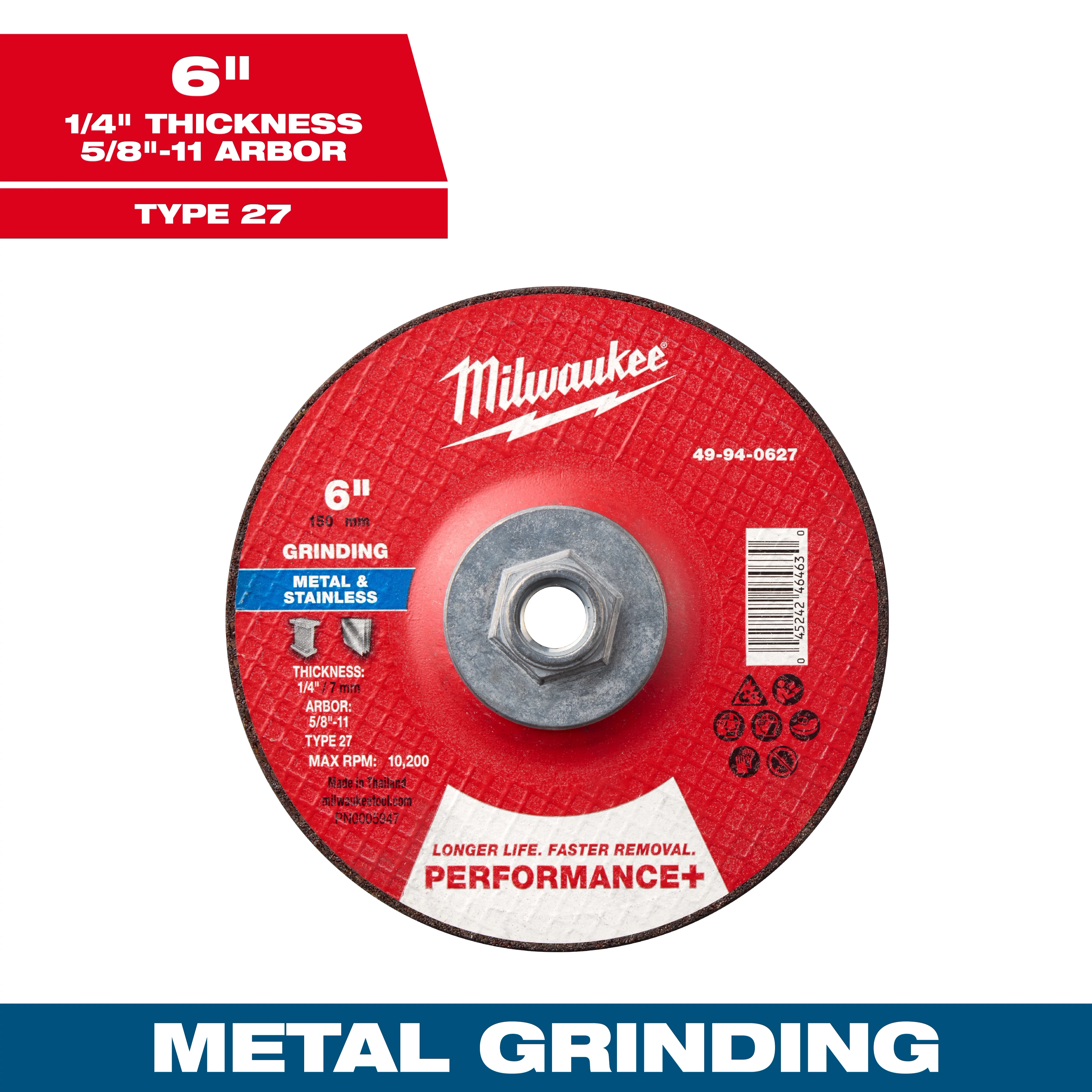 6" x 1/4" x 5/8"-11 Performance+ Metal Grinding Wheel - Type 27, with a red label and central arbor hole.
