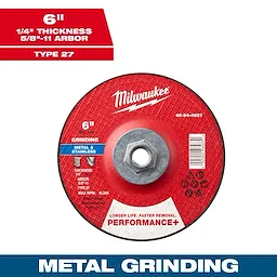 6" x 1/4" x 5/8"-11 Performance+ Metal Grinding Wheel - Type 27, with a red label and central arbor hole.