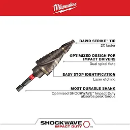 The 1/8 in. - 1 in. #8 Shockwave Impact Duty Titanium Step Bit features a Rapid Strike Tip, dual spiral flute for impact drivers, laser etched easy stop identification, and an optimized Shockwave shank for durability and torque absorption.