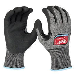 Cut Level 2 High-Dexterity Nitrile Dipped Gloves - XL in black and gray. One glove shows the nitrile palm, the other displays the label.