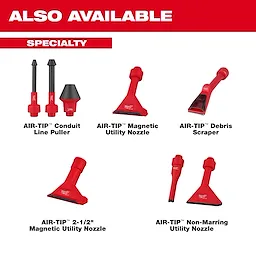 Specialty tools labeled AIR-TIP. Includes Conduit Line Puller, Magnetic Utility Nozzle, Debris Scraper, 2-1/2" Magnetic Utility Nozzle.