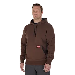 Man wearing the brown midweight pullover hoodie