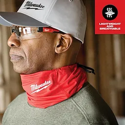 WORKSKIN Performance Neck Gaiter in red with a white logo worn around the neck. Features include lightweight and breathable material.